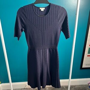 Shoshanna Blue Ribbed Midi Dress Short Sleeve Crew Neck